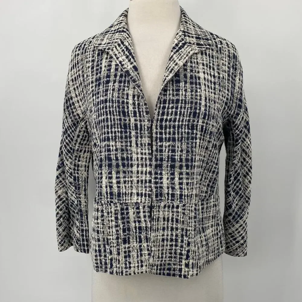 Lafayette 148 Blazer Textured Woven Abstract Plaid Check Pattern Navy Cream S